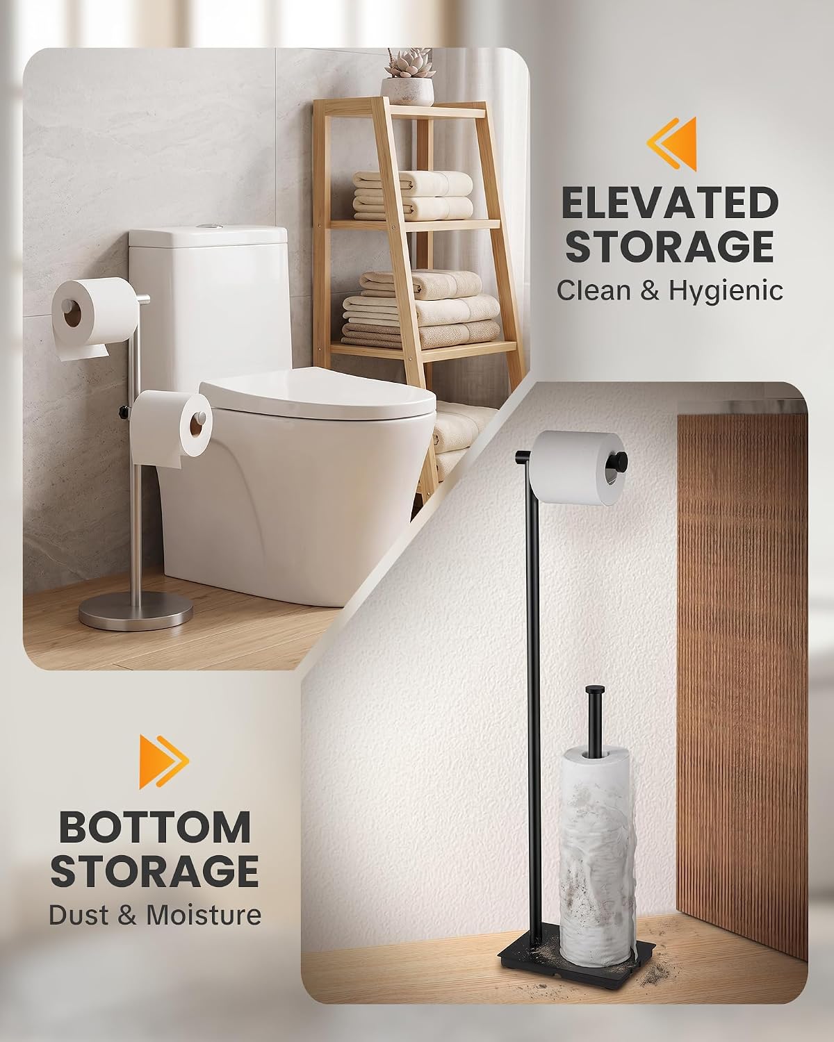 Brushed Nickel freestanding toilet paper holder stand - size and dimensions