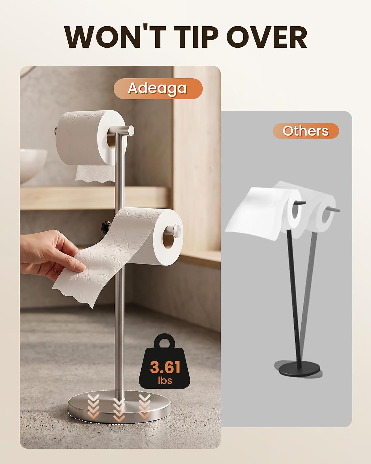 Brushed Nickel freestanding toilet paper holder stand - in use