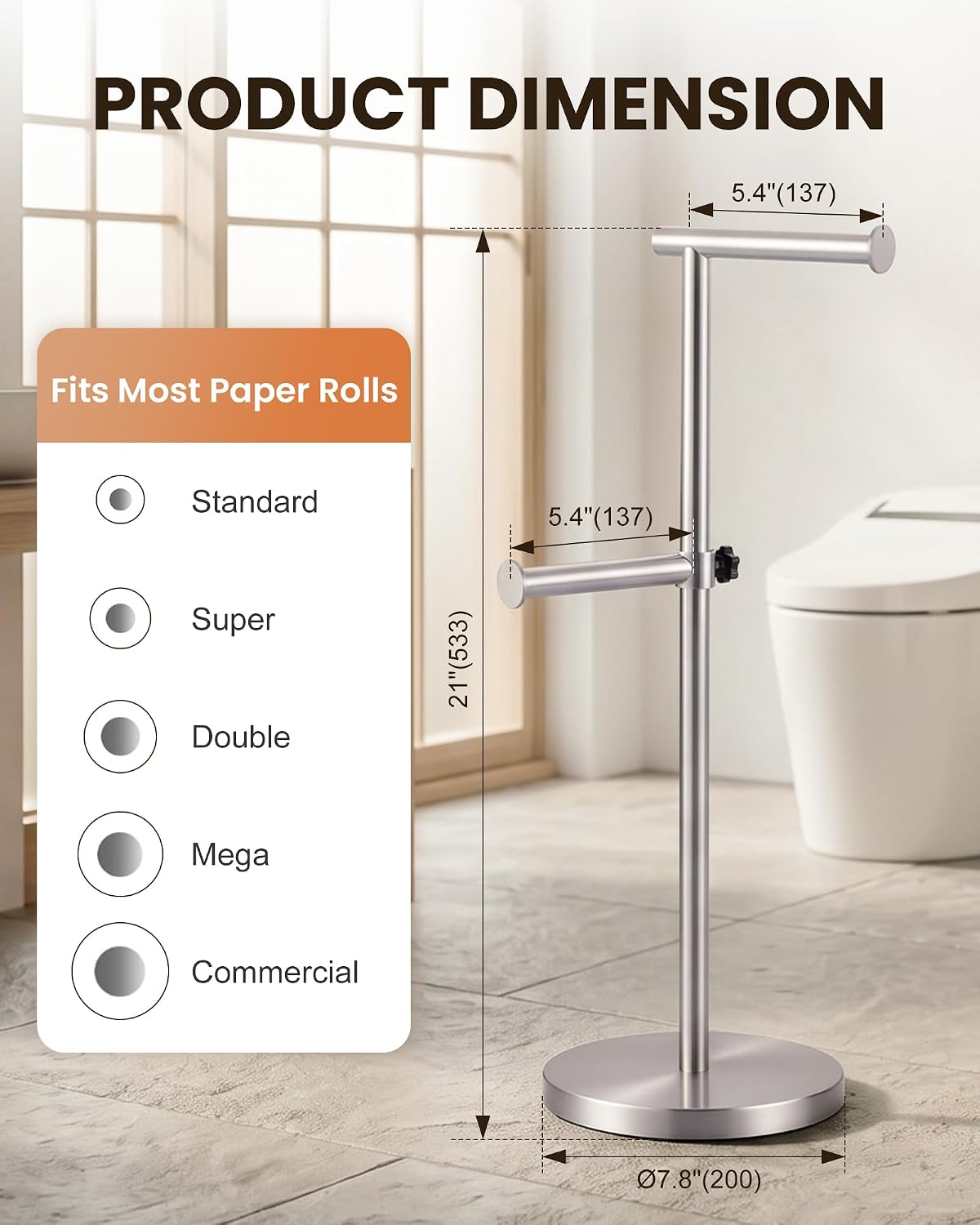 Brushed Nickel freestanding toilet paper holder stand - package