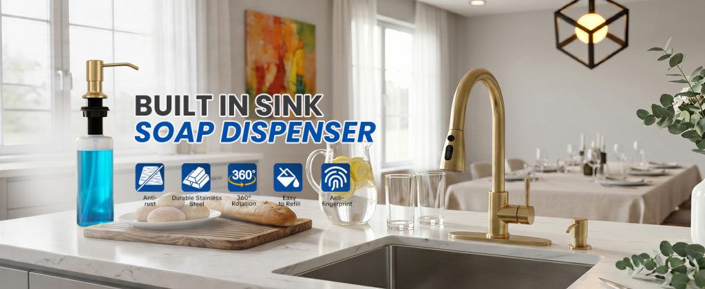 ADEAGA Brushed Gold kitchen sink soap dispenser with 17 oz bottle